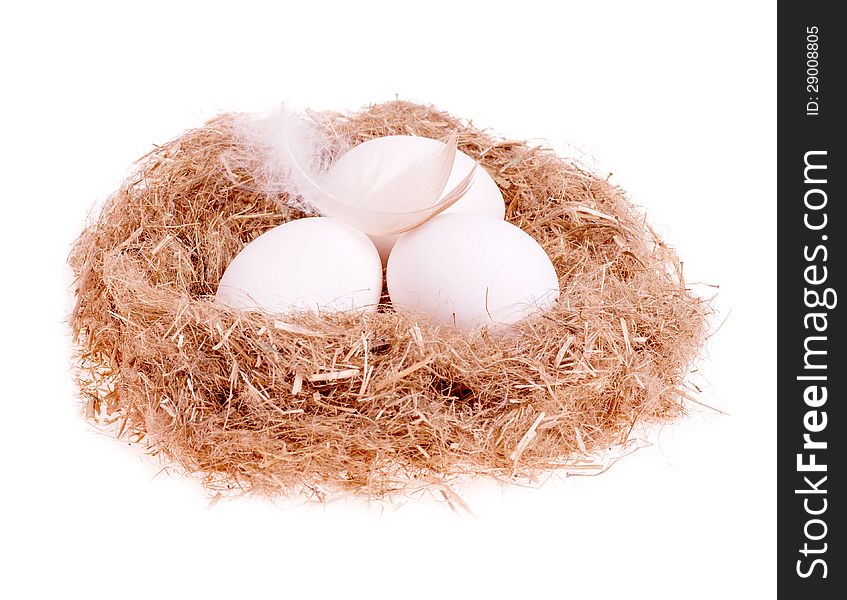 Three egg whites with a feather in the nest