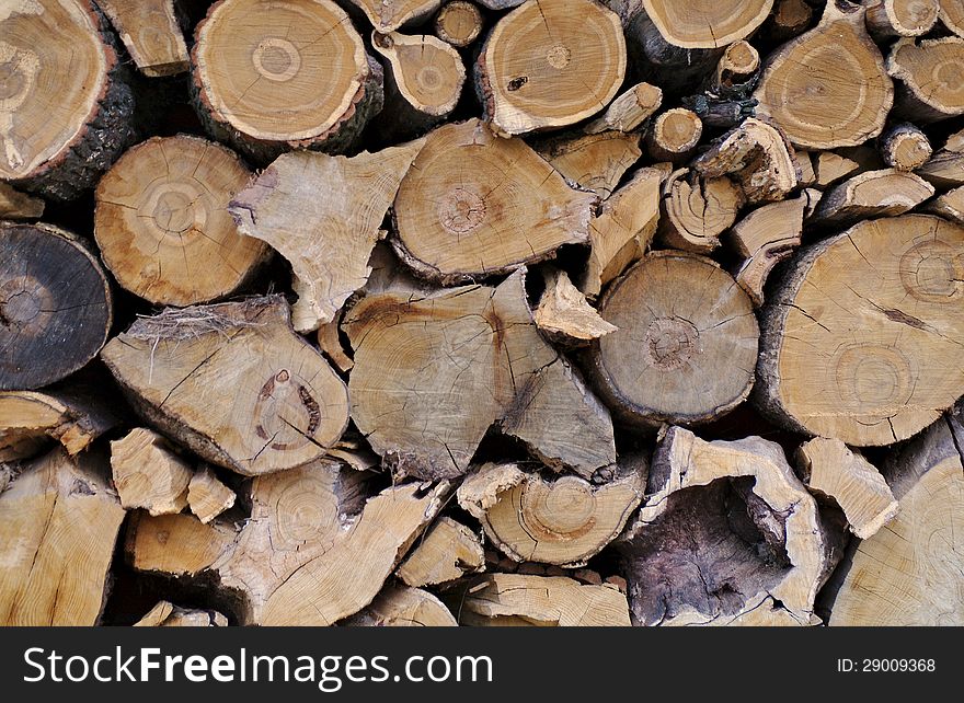 Background of Neatly Stacked Firewood Logs closeup outdoors. Background of Neatly Stacked Firewood Logs closeup outdoors