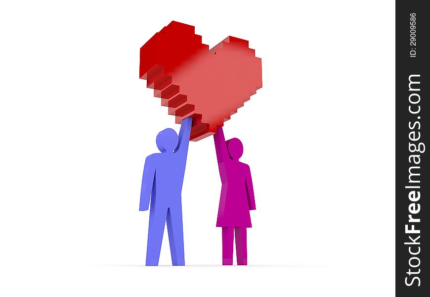 Male and female figures holding heart. Concept 3D illustration.