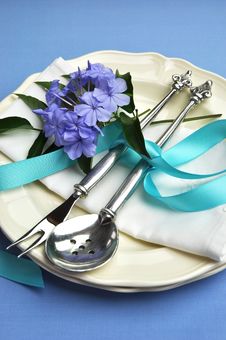 Blue Theme Formal Dinner Table Setting - Vertical. Stock Photography Blue Theme Formal Dinner Table Setting - Vertical. Stock Photography
