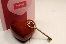  Key To My Heart  Love Concept, With Gold Heart Shape Key And Red Heart Royalty Free Stock Image