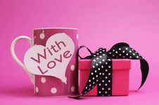 Pink Polka Dot Mug, With Heart Shape, With Love, Message And Polka Dot Gift. Royalty Free Stock Photos Pink Polka Dot Mug, With Heart Shape, With Love, Message And Polka Dot Gift. Royalty Free Stock Photos