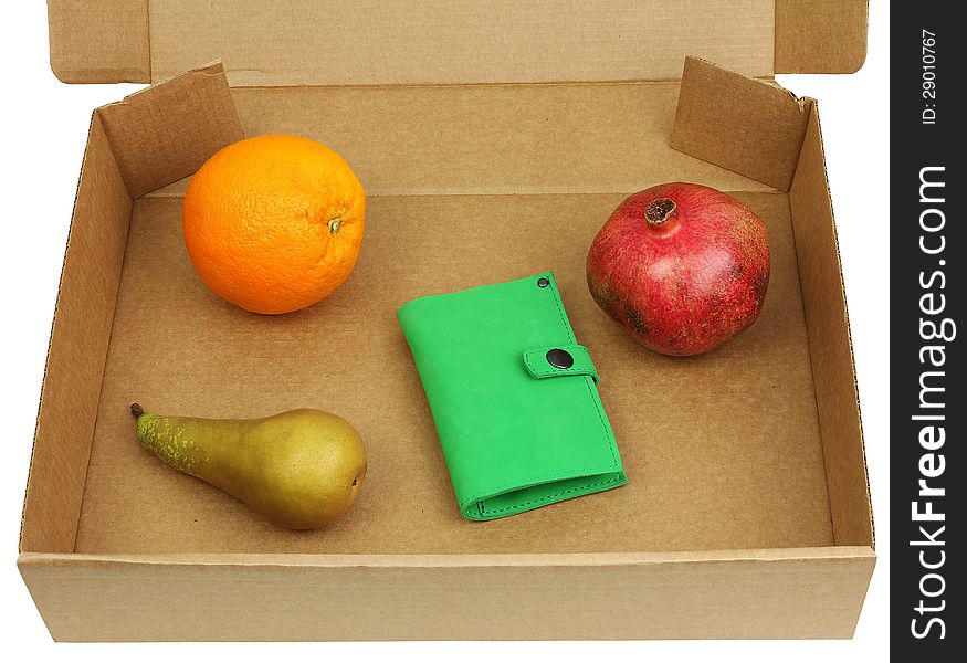 Pomegranate, pear, orange and green wallet in a carton box