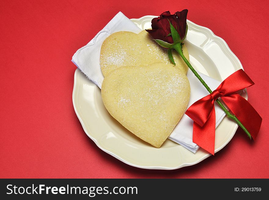 Love Theme Heart Shape Shortbread Cookies With Red Rose.