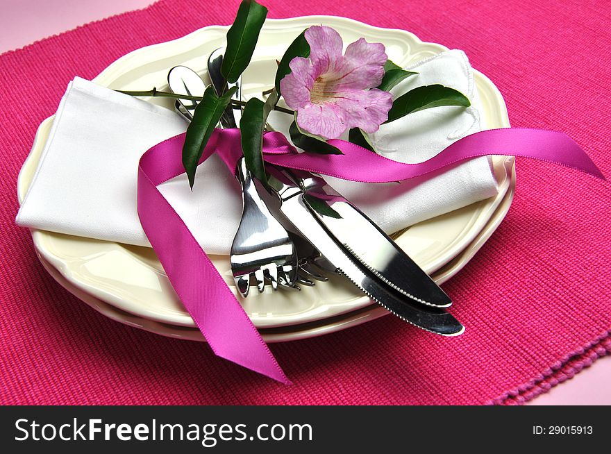 Pink Dinner Table Setting For Easter Or Special Occasion. Horizonal.