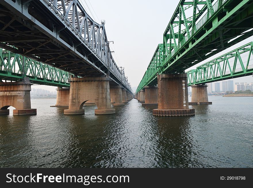 Bridge over Namhangang,  Namhan River, Seou cityl, South Korea, transport technology in cityscape. Bridge over Namhangang,  Namhan River, Seou cityl, South Korea, transport technology in cityscape