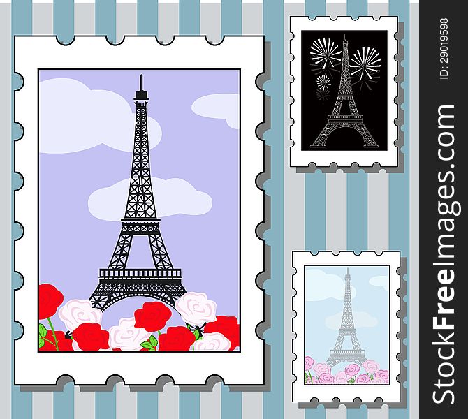 Vector set of postage stamps with paris