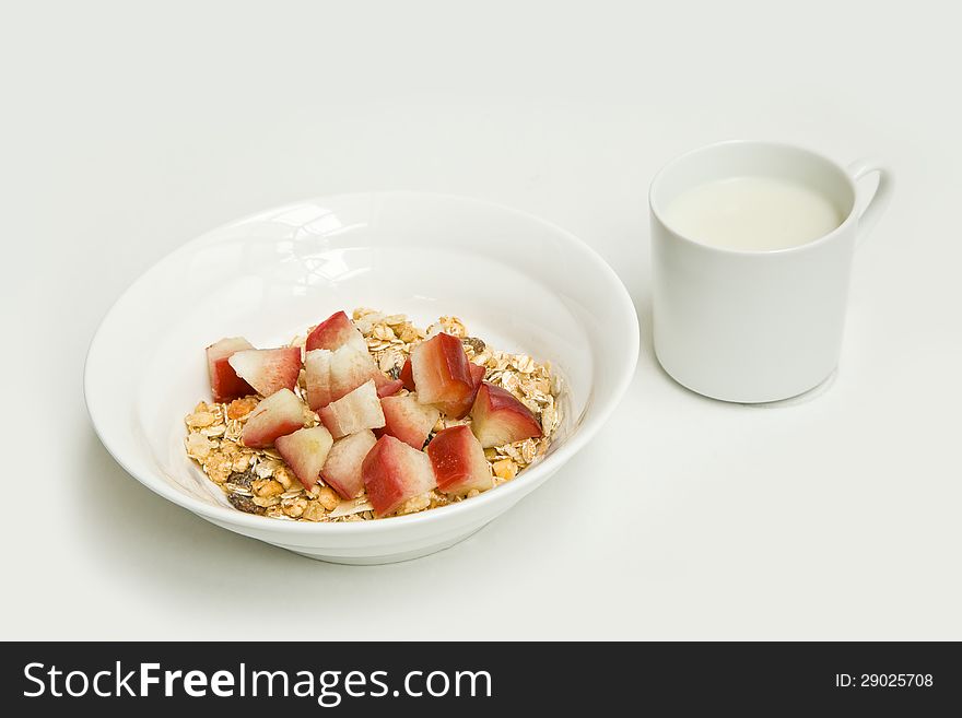 CEREAL WITH FRUIT AVD SOY MILK ON WHITE BACKGROUND. CEREAL WITH FRUIT AVD SOY MILK ON WHITE BACKGROUND