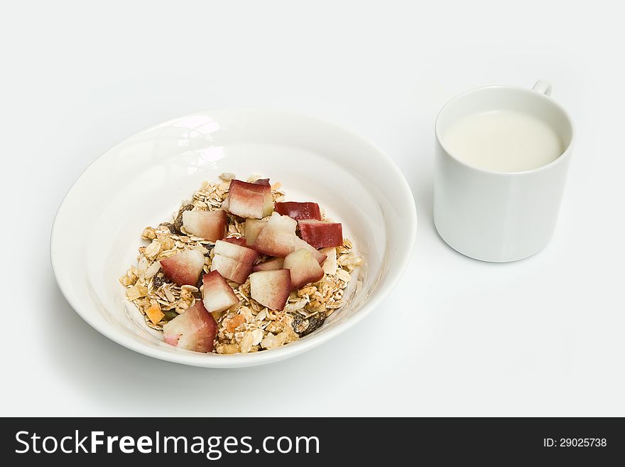 CEREAL WITH FRUIT AVD SOY MILK ON WHITE BACKGROUND. CEREAL WITH FRUIT AVD SOY MILK ON WHITE BACKGROUND