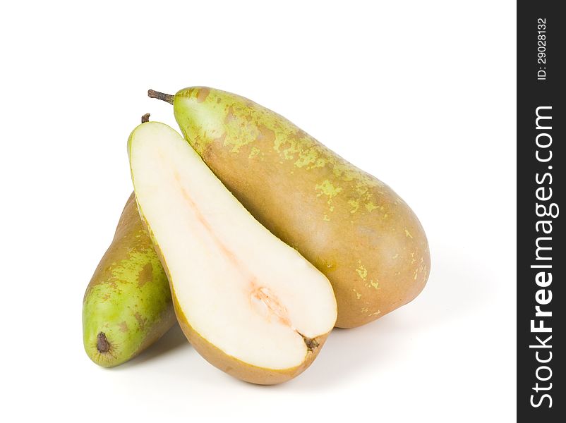 Pears. One sliced pear slices, another whole. Isolated on white background.