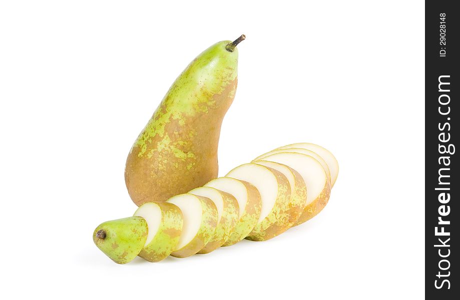 Pears. One sliced pear slices, another whole. Isolated on white background.