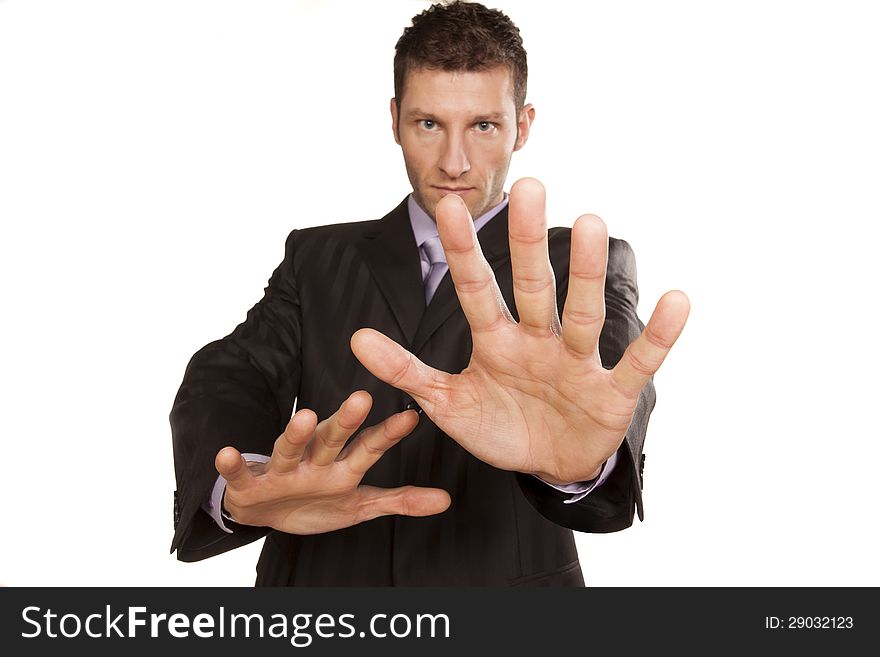 Business Man With Stop Hands Up On White Background