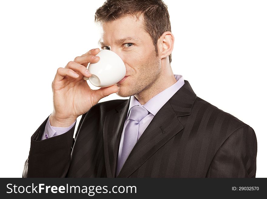 Smiling Businessman with Coffee Cup on White Background