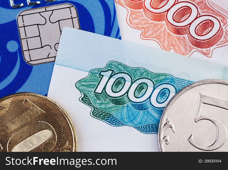 Credit card, banknotes and coins