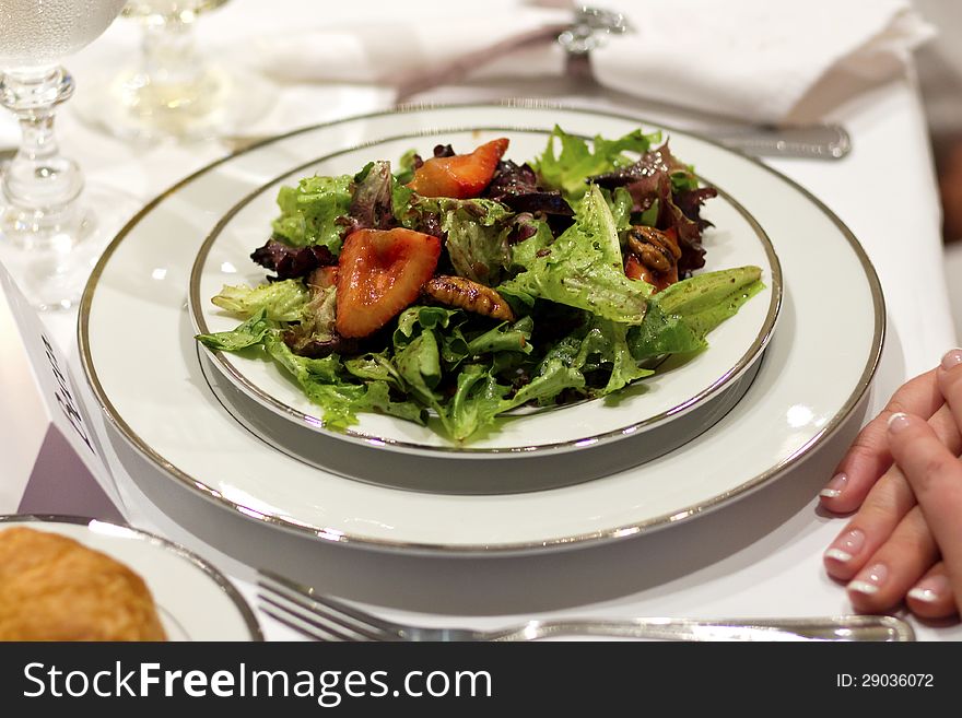 Tossed Green Salad, Fine China, White Table Cloth