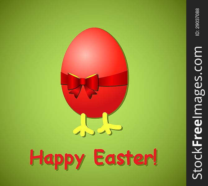 Easter green background with red egg and bow. Easter green background with red egg and bow