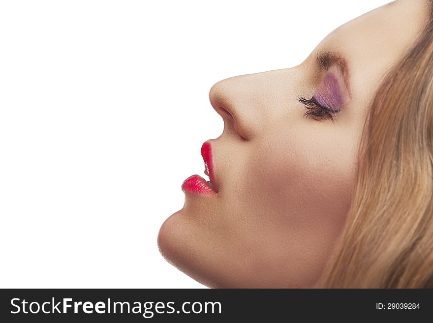 Closeup Portrait Of Blonde Young Woman With Fashion Makeup