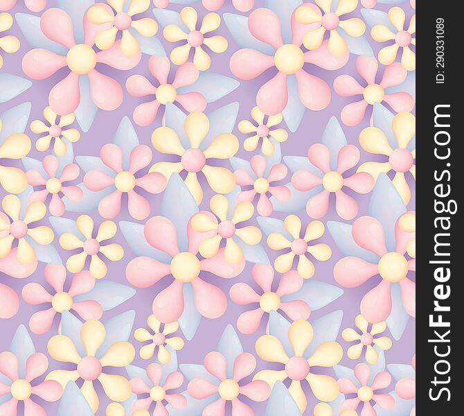 Seamless Pattern With Flowers And Leaves, As If Made Of Glass. Delicate Floral Print With Flower Heads On A Lilac Field. Romantic