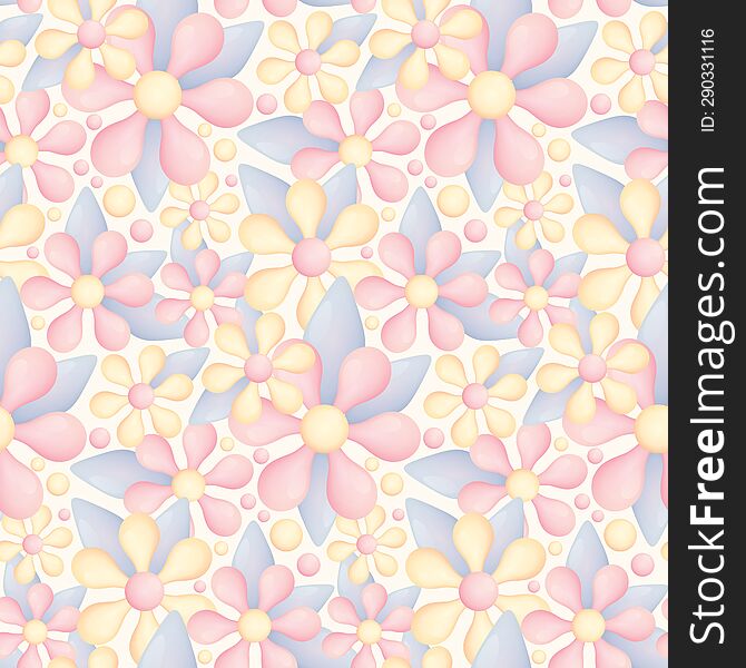 Seamless Floral Pattern With Three-dimensional Flowers In Pastel Colors. Botanical Background With Delicate Plants, Flowers, Leave