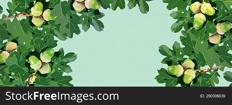 Autumn Background With Acorn And Leaves. Green Tones.