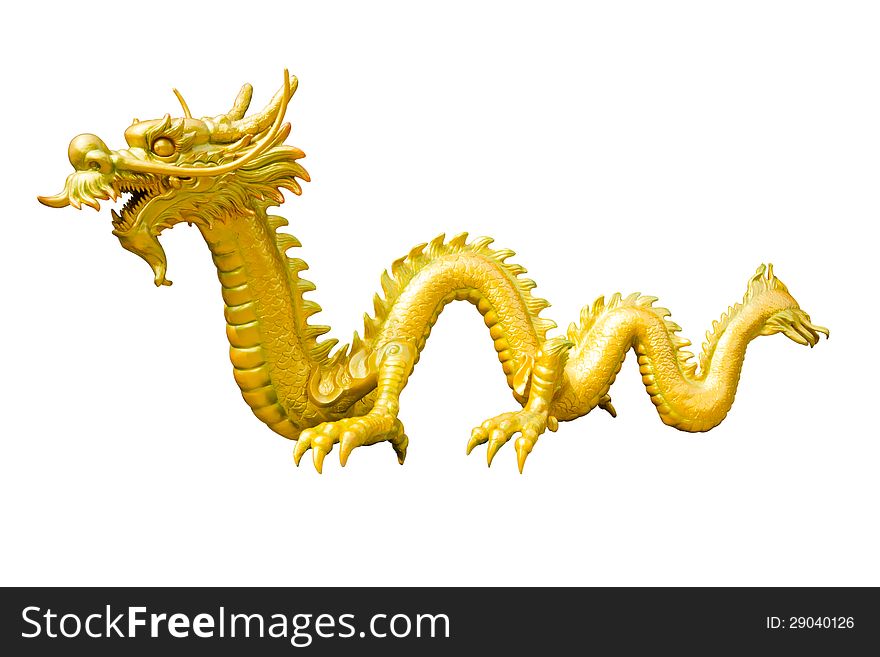 Golden Dragon sculpture with isolate white background