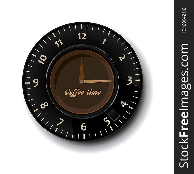 The black cup of coffee with the clock, coffee time. Vector illustration.