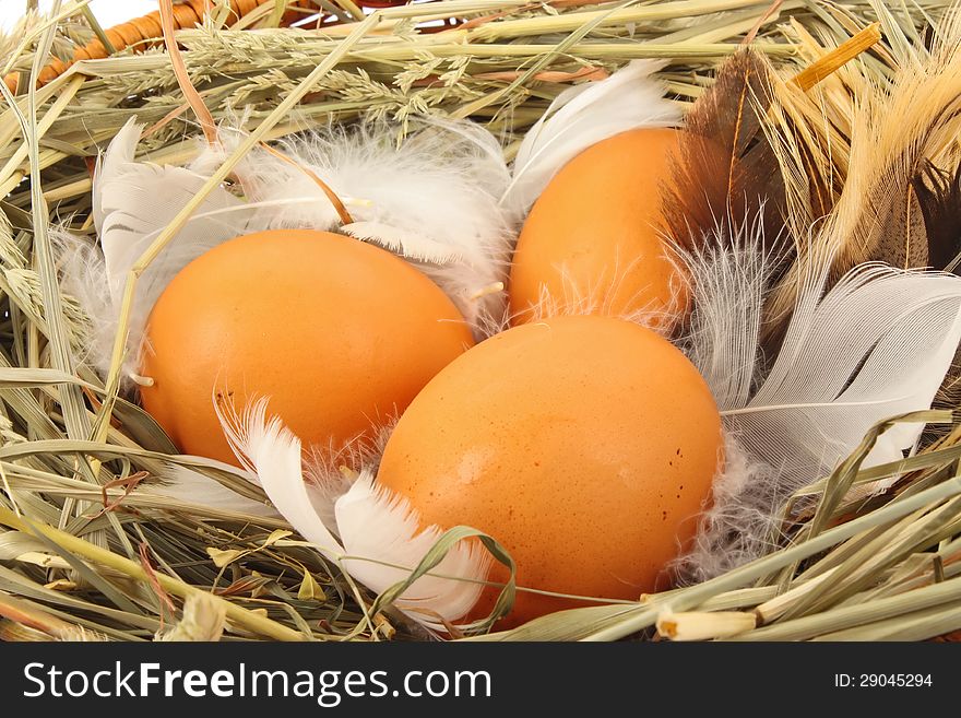 Brown eggs in wooden basket with hay and feather, food ingredient photo. Brown eggs in wooden basket with hay and feather, food ingredient photo