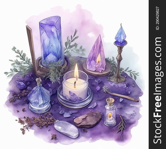 watercolor illustration with herbs and candles and crystals