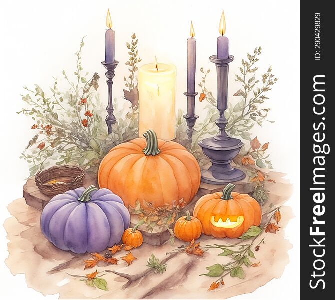watercolor helloween illustration with herbs and pumkin and candles