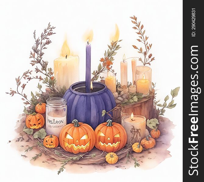 watercolor helloween illustration with herbs,pumkin and candles