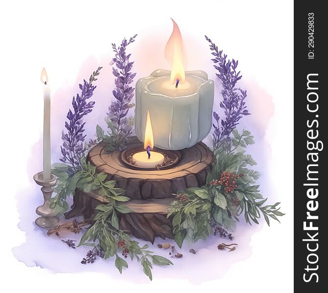 watercolor illustration with sage herbs and candles