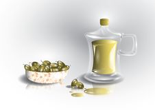 Green Olives And Bottle Of Olive Oil Stock Photos