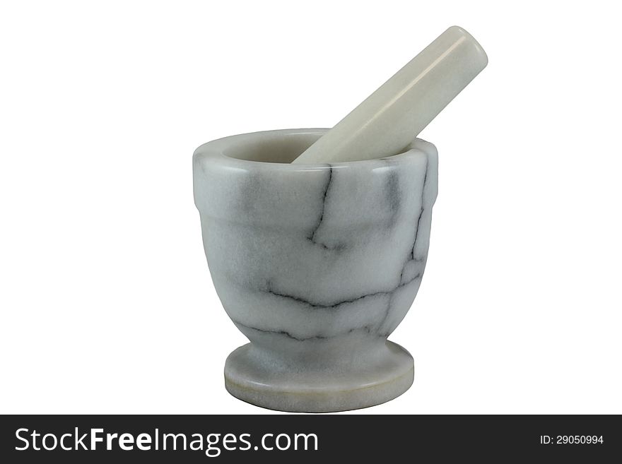 Marble Stupka with pestle on white background for grinding and grinding spices