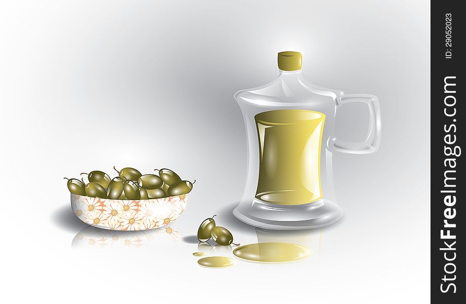 Plate with green olives and a large glass bottle of olive oil. Plate with green olives and a large glass bottle of olive oil