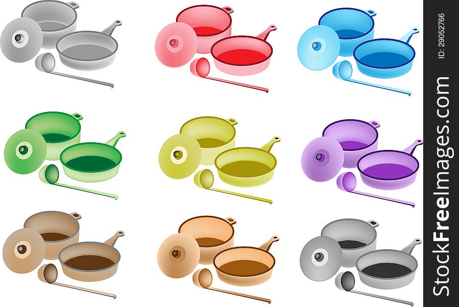 An Illustration Collection of Colorful Kitchen Utensil Icons, Pot, Pan and Ladle with Nine Assorted Colours. An Illustration Collection of Colorful Kitchen Utensil Icons, Pot, Pan and Ladle with Nine Assorted Colours