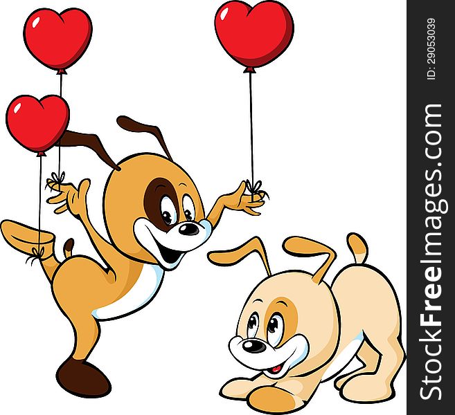 Cute Dogs Cartoon With Valentines Balloon