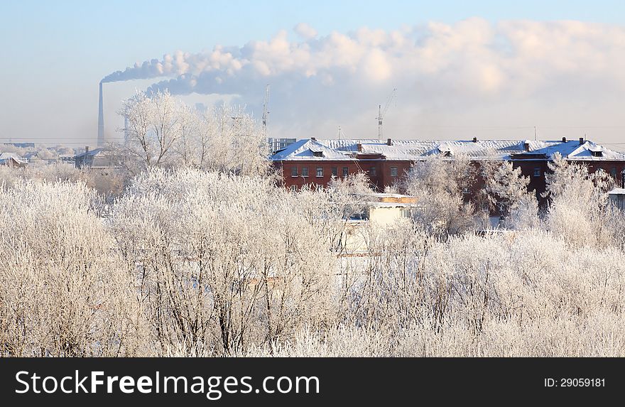 Winter cityscape. Frosty December. Omsk.