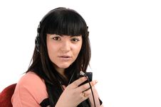 Young Woman With Headphones Listen Music, Isolated On Stock Photo Young Woman With Headphones Listen Music, Isolated On Stock Photo