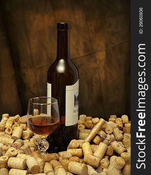 A glass of wine, a bottle, a corkscrew and many corks