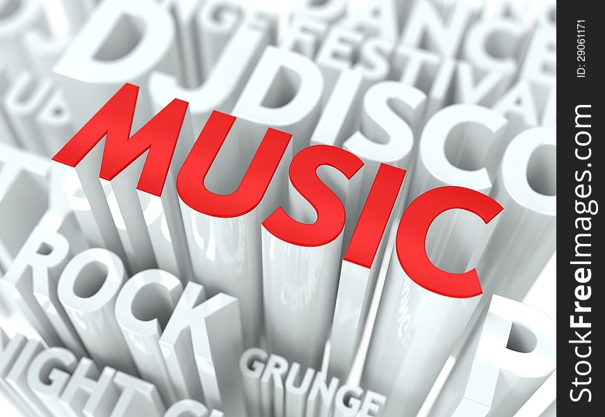 Music Concept. The Word of Red Color Located over Text of White Color.