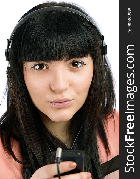 Young Woman With Headphones Listen Music, Isolated On