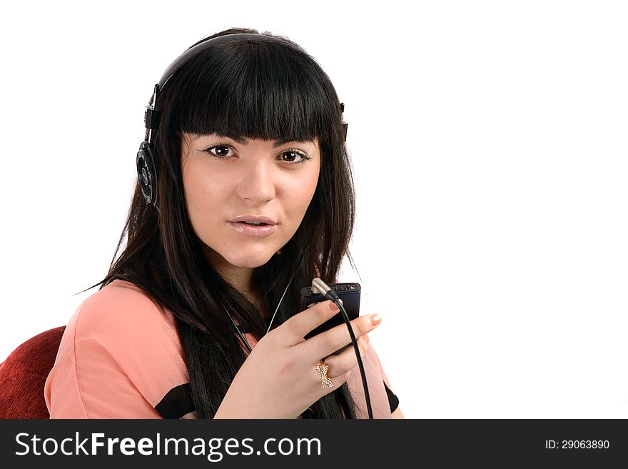 Young woman with headphones listen music, isolated on