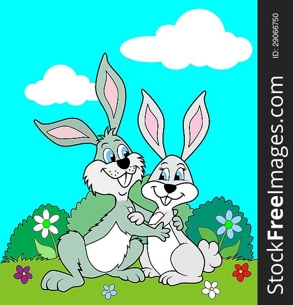 Simple cartoon illustration of two cute rabbits in love.