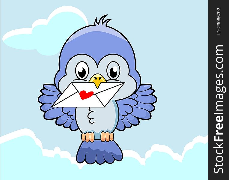 Flying blue bird delivers mail. Simple cartoon illustration. Flying blue bird delivers mail. Simple cartoon illustration.