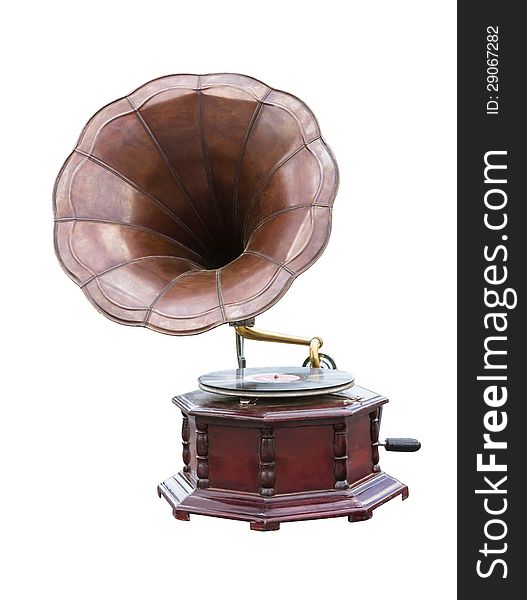 Vintage Gramophone with disc isolated on white background