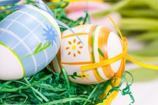 Easter Eggs With Bows In The Basket Royalty Free Stock Image Easter Eggs With Bows In The Basket Royalty Free Stock Image