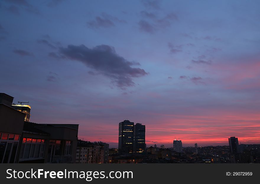 Beautiful sky above city view during sunset in Istanbul, Turkey