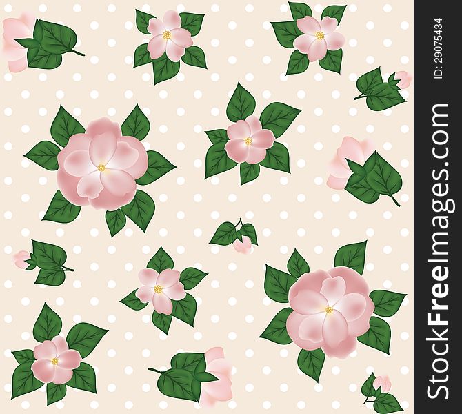 Pink roses and polka dots seamless background. Pink roses and polka dots seamless background