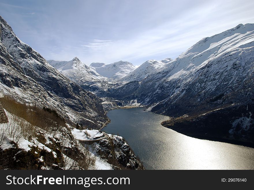 Geiranger fiord at winter time in norway