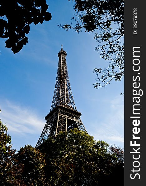 Eiffel Tower in Paris, France from Below between the trees.